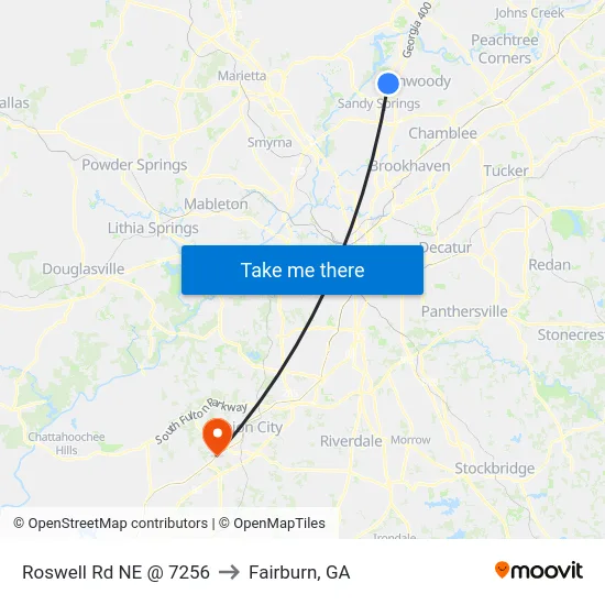 Roswell Rd NE @ 7256 to Fairburn, GA map