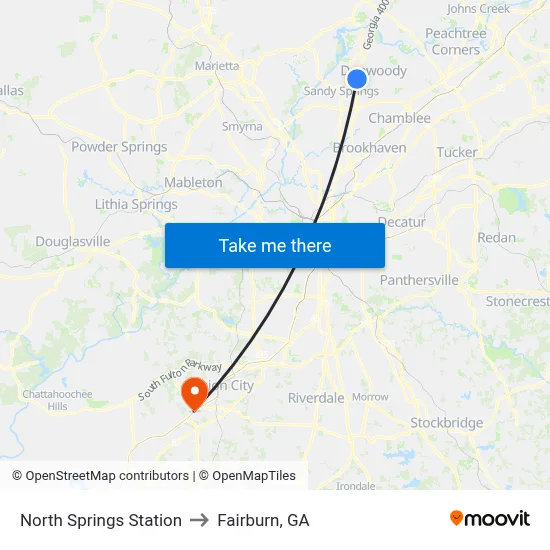 North Springs Station to Fairburn, GA map