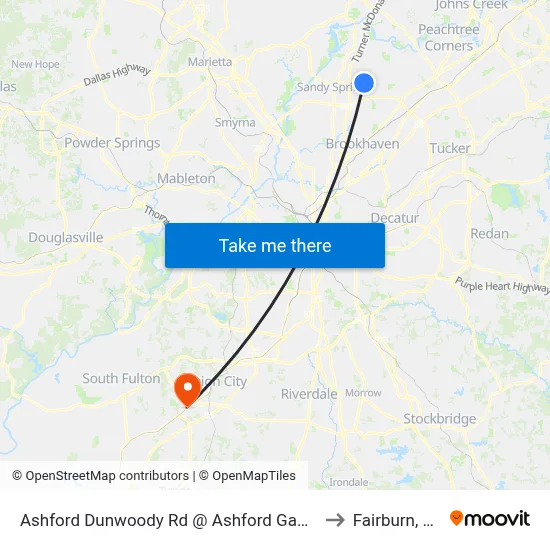 Ashford Dunwoody Rd @ Ashford Gables to Fairburn, GA map