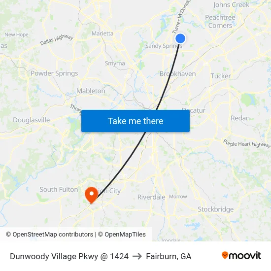 Dunwoody Village Pkwy @ 1424 to Fairburn, GA map