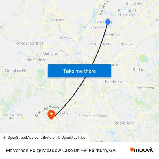 Mt Vernon Rd @ Meadow Lake Dr to Fairburn, GA map