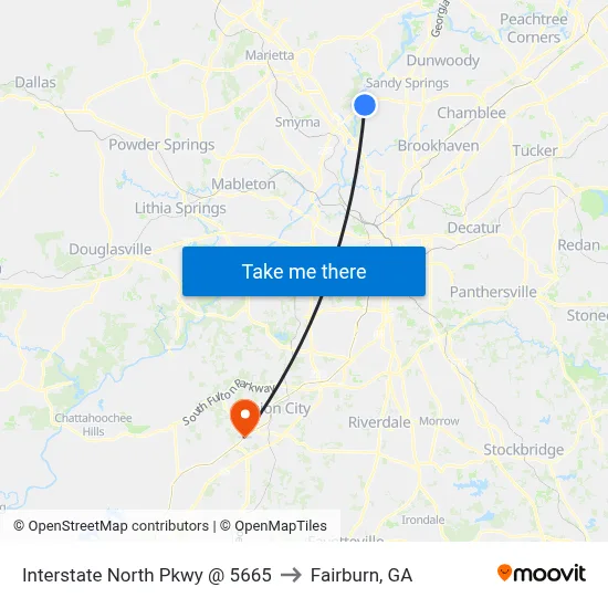 Interstate North Pkwy @ 5665 to Fairburn, GA map