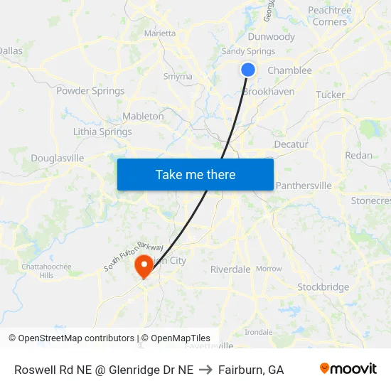 Roswell Rd NE @ Glenridge Dr NE to Fairburn, GA map