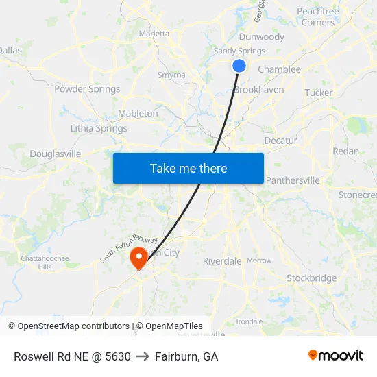 Roswell Rd NE @ 5630 to Fairburn, GA map
