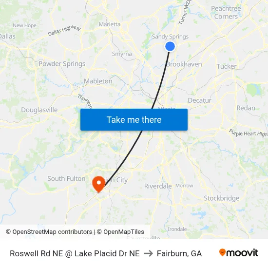 Roswell Rd NE @ Lake Placid Dr NE to Fairburn, GA map