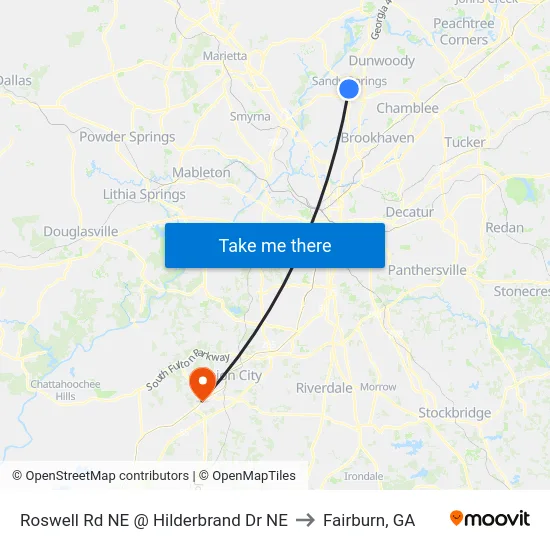 Roswell Rd NE @ Hilderbrand Dr NE to Fairburn, GA map