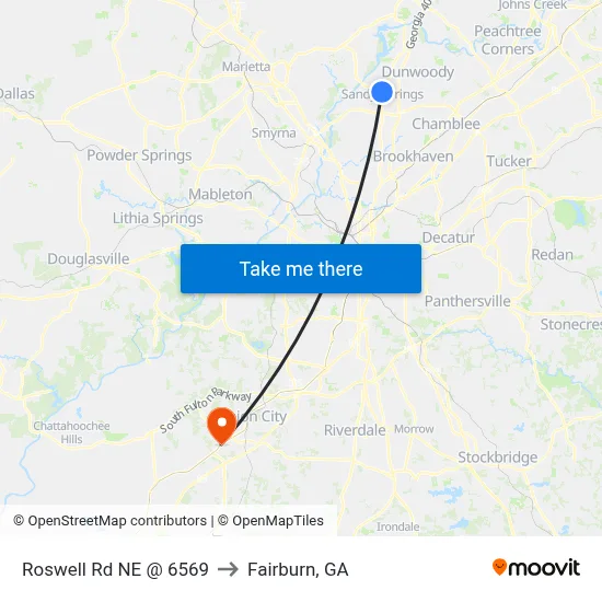 Roswell Rd NE @ 6569 to Fairburn, GA map