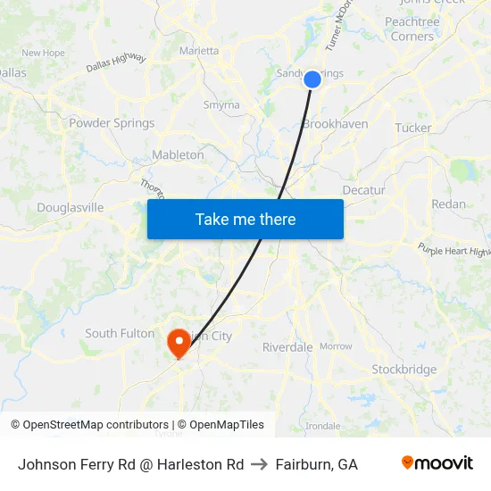 Johnson Ferry Rd @ Harleston Rd to Fairburn, GA map