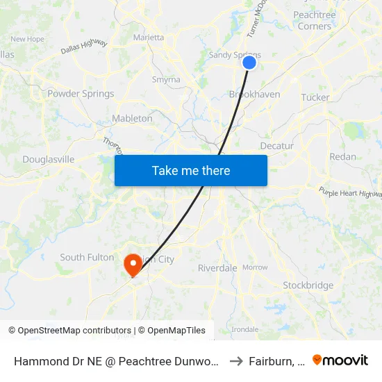 Hammond Dr NE @ Peachtree Dunwoody Rd to Fairburn, GA map