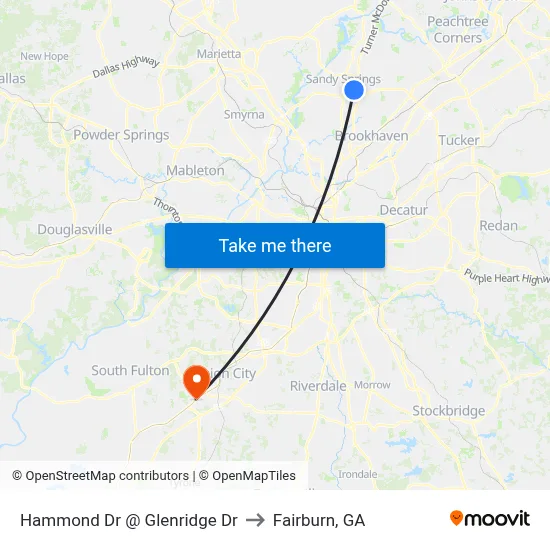 Hammond Dr @ Glenridge Dr to Fairburn, GA map