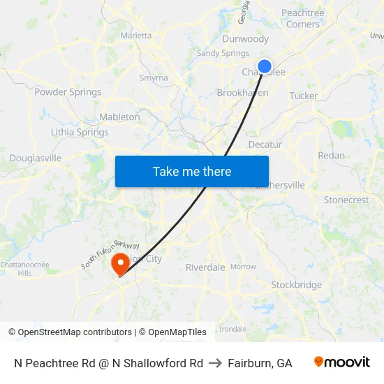 N Peachtree Rd @ N Shallowford Rd to Fairburn, GA map