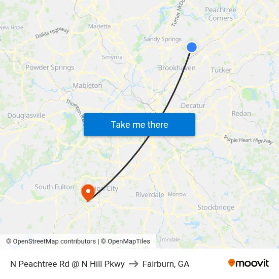 N Peachtree Rd @ N Hill Pkwy to Fairburn, GA map