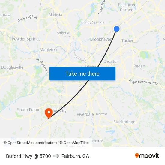 Buford Hwy @ 5700 to Fairburn, GA map