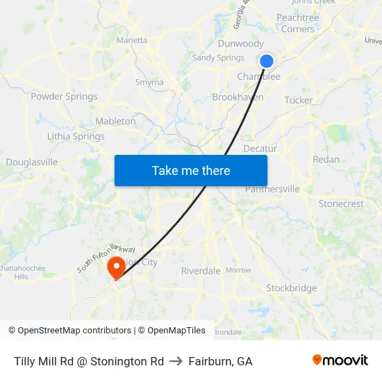 Tilly Mill Rd @ Stonington Rd to Fairburn, GA map