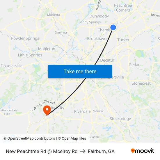 New Peachtree Rd @ Mcelroy Rd to Fairburn, GA map