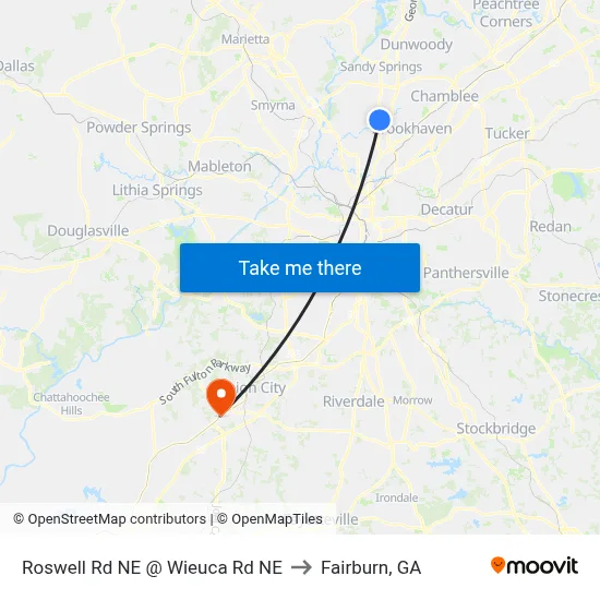 Roswell Rd NE @ Wieuca Rd NE to Fairburn, GA map