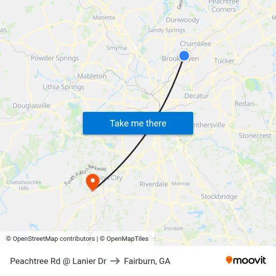 Peachtree Rd @ Lanier Dr to Fairburn, GA map