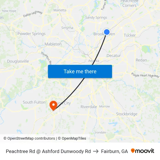 Peachtree Rd @ Ashford Dunwoody Rd to Fairburn, GA map