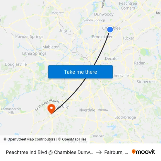 Peachtree Ind Blvd @ Chamblee Dunwoody to Fairburn, GA map