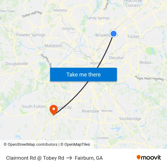 Clairmont Rd @ Tobey Rd to Fairburn, GA map