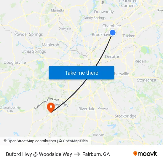 Buford Hwy @ Woodside Way to Fairburn, GA map