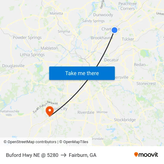 Buford Hwy NE @ 5280 to Fairburn, GA map