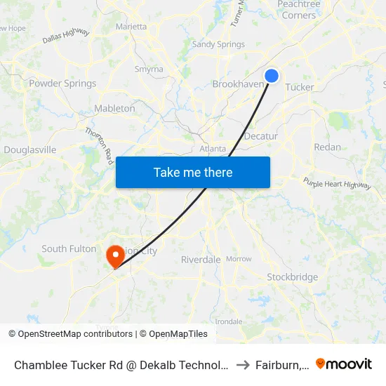 Chamblee Tucker Rd @ Dekalb Technology Pkwy to Fairburn, GA map