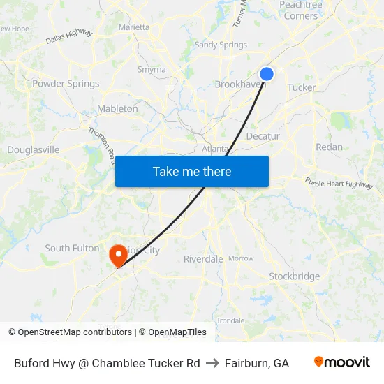 Buford Hwy @ Chamblee Tucker Rd to Fairburn, GA map