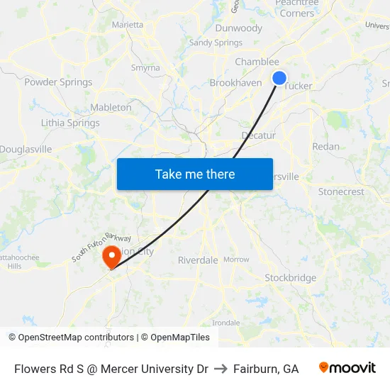 Flowers Rd S @ Mercer University Dr to Fairburn, GA map