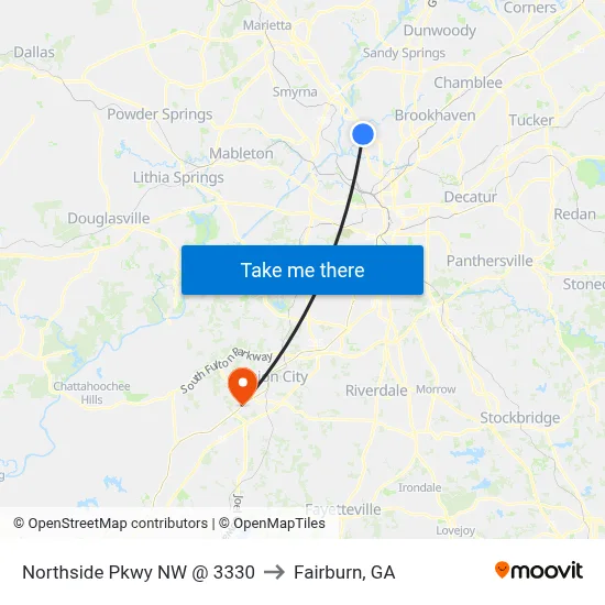 Northside Pkwy NW @ 3330 to Fairburn, GA map