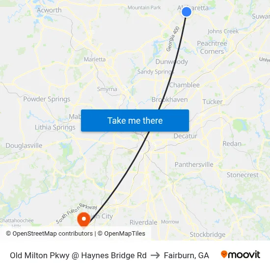 Old Milton Pkwy @ Haynes Bridge Rd to Fairburn, GA map