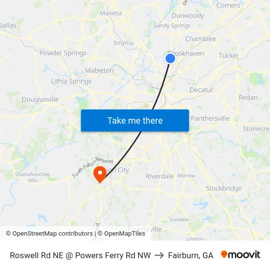 Roswell Rd NE @ Powers Ferry Rd NW to Fairburn, GA map
