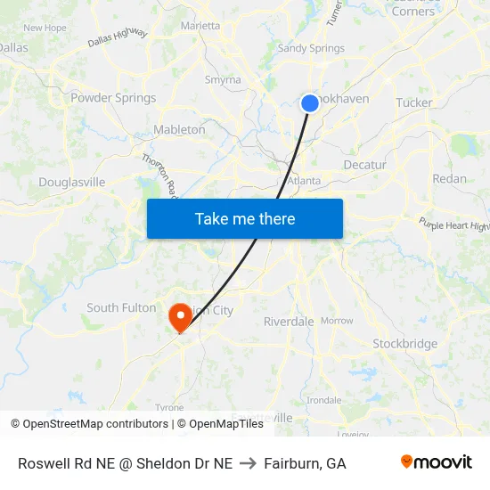 Roswell Rd NE @ Sheldon Dr NE to Fairburn, GA map