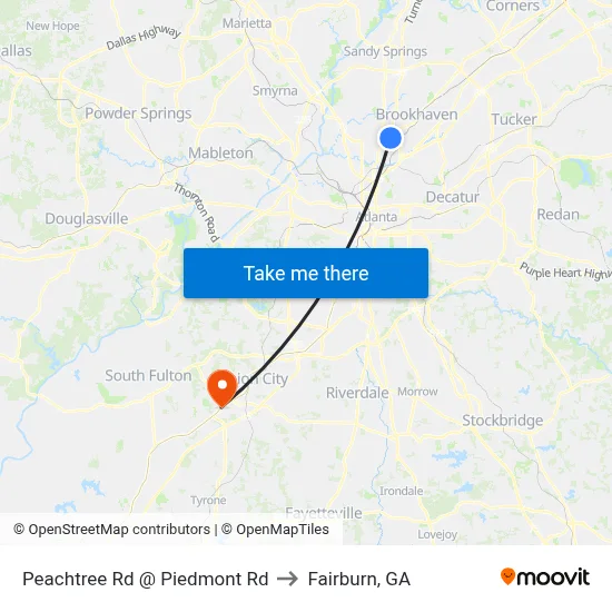 Peachtree Rd @ Piedmont Rd to Fairburn, GA map