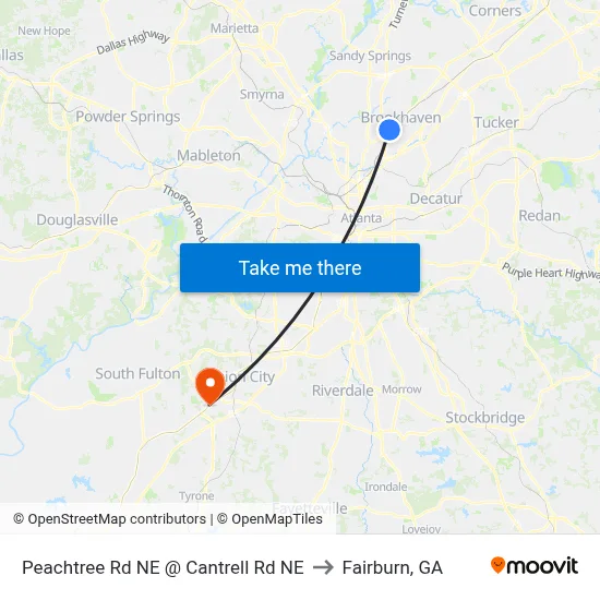 Peachtree Rd NE @ Cantrell Rd NE to Fairburn, GA map