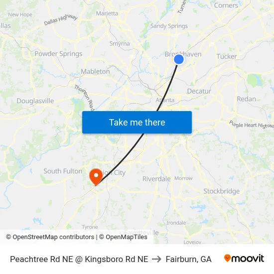 Peachtree Rd NE @ Kingsboro Rd NE to Fairburn, GA map