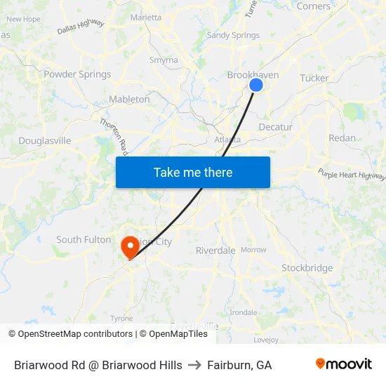 Briarwood Rd @ Briarwood Hills to Fairburn, GA map