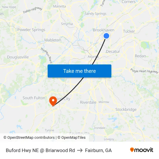 Buford Hwy NE @ Briarwood Rd to Fairburn, GA map