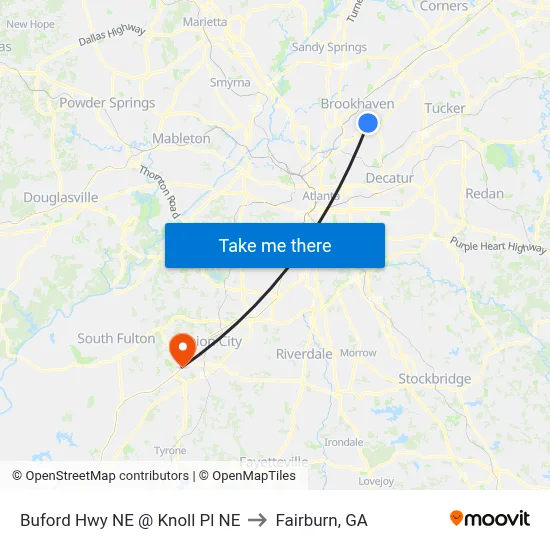 Buford Hwy NE @ Knoll Pl NE to Fairburn, GA map