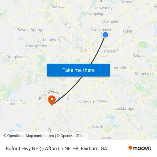 Buford Hwy NE @ Afton Ln NE to Fairburn, GA map