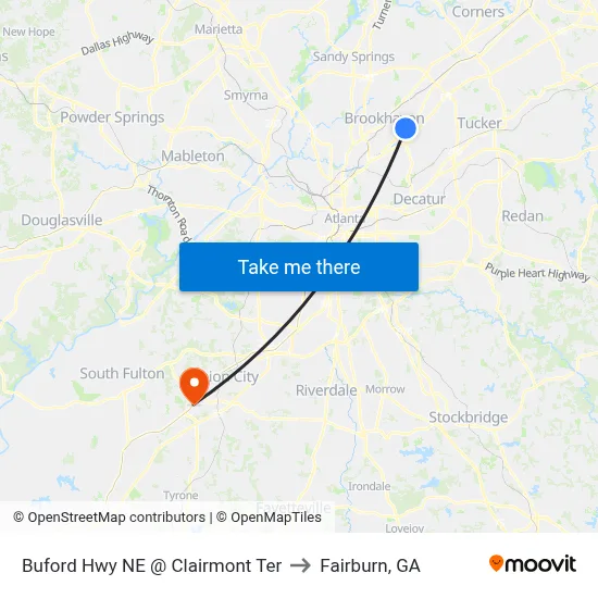 Buford Hwy NE @ Clairmont Ter to Fairburn, GA map