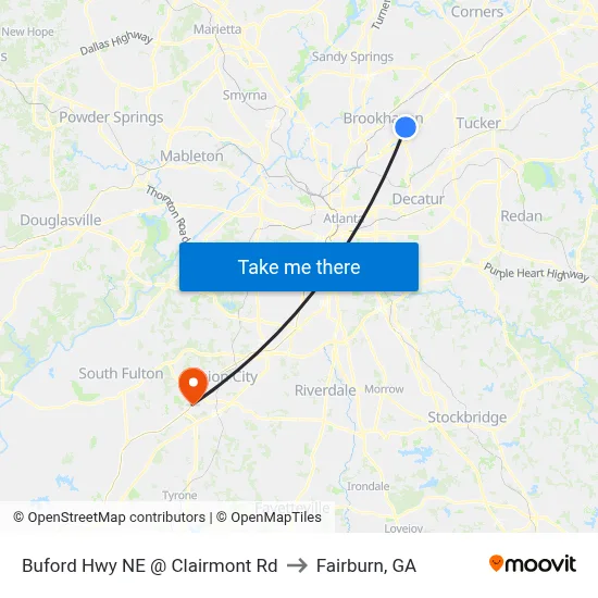 Buford Hwy NE @ Clairmont Rd to Fairburn, GA map