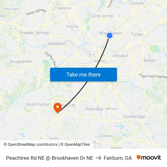 Peachtree Rd NE @ Brookhaven Dr NE to Fairburn, GA map
