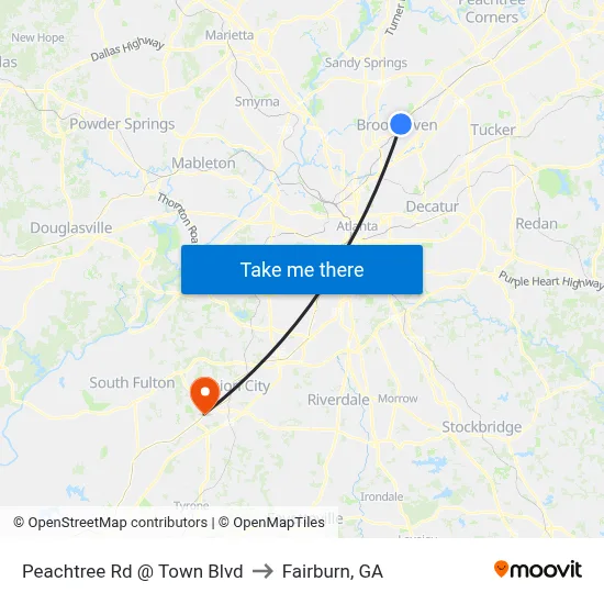 Peachtree Rd @ Town Blvd to Fairburn, GA map