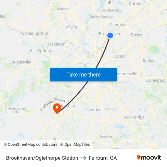 Brookhaven/Oglethorpe Station to Fairburn, GA map