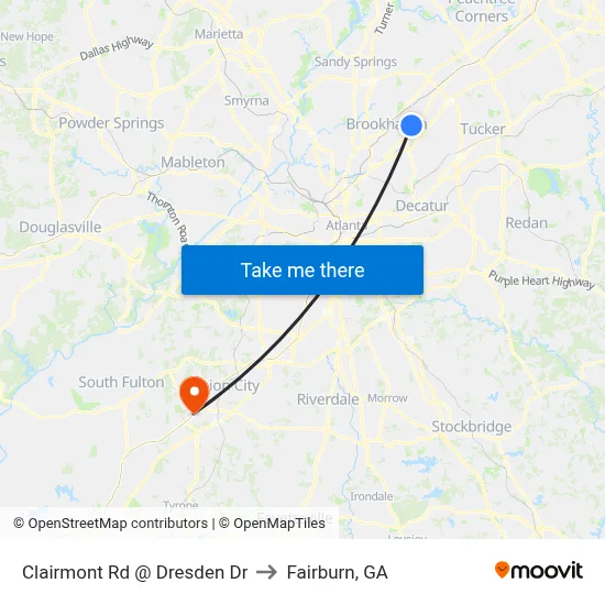 Clairmont Rd @ Dresden Dr to Fairburn, GA map