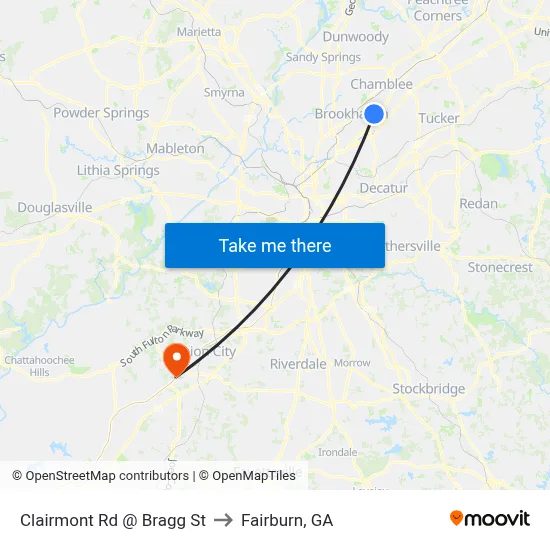 Clairmont Rd @ Bragg St to Fairburn, GA map