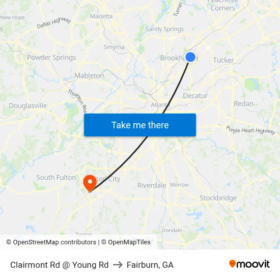 Clairmont Rd @ Young Rd to Fairburn, GA map