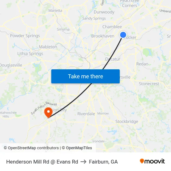 Henderson Mill Rd @ Evans Rd to Fairburn, GA map