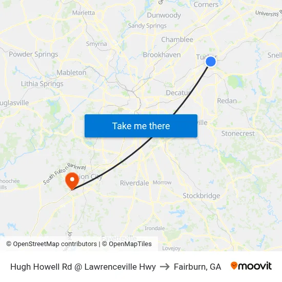 Hugh Howell Rd @ Lawrenceville Hwy to Fairburn, GA map